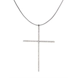 18ct white gold diamond cross pendant, stamped 750, on 18ct white gold invisible link wire necklace, hallmarked