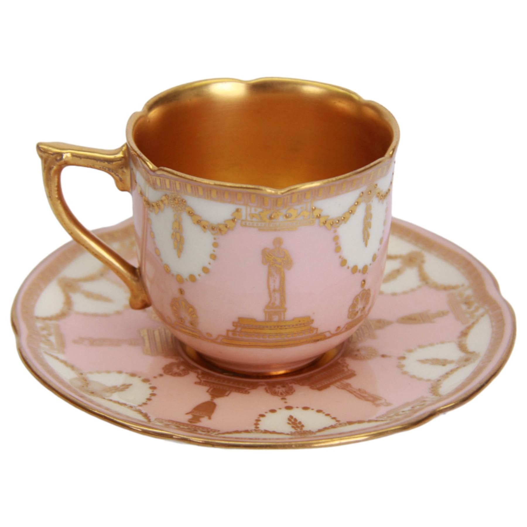 Six 20th century coffee cans and saucers, including Meissen, Royal Worcester and Dresden examples, all with internal gilt decoration