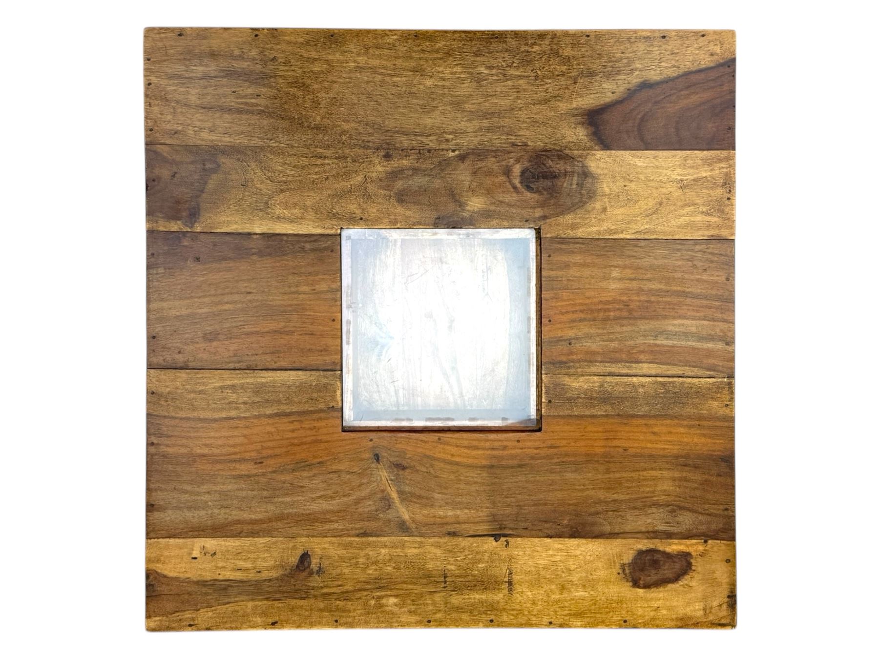 Pair of contemporary hardwood occasional tables, square tops with central recessed acrylic panels, on block pedestal bases