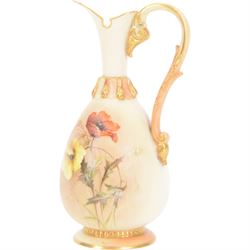 Royal Worcester ewer, decorated with poppies upon a blush ivory ground, with printed puce marks beneath, H15cm