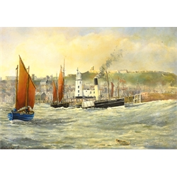 Robert Sheader (British 20th century): Steam Paddle and Fishing Boats outside Scarborough Harbour,  oil on board signed and dated 5/8/92, 42cm x 60cm