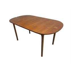 AH McIntosh & Co of Kirkaldy - mid-20th century teak extending dining table, rectangular top with rounded corners, concealed integrated double leaf, raised on tapered supports, 'Furniture by McIntosh sticker to underside of leaf