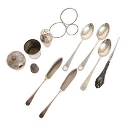 Silver cutlery comprising three teaspoons and two butter knives, a silver handled hook and a silver plated Chinese rickshaw cruet