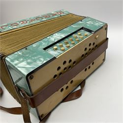 Barcarole piano accordion with blue pearline finish, fifteen keys and twelve buttons W32cm; in carrying case