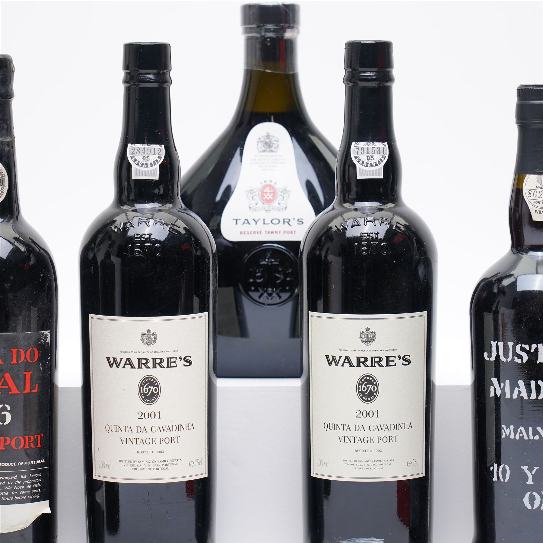 *One bottle of Quinta Do Noval Vintage Port 1966, unknown contents and proof; one bottle of Justino's Madeira 10 years old, 750ml, 19% vol, one bottle of Taylor's Reserve Tawny Port, limited edition, one litre, 20% vol, one bottle of Taylor's LBV Port 2001, 75cl, 20.5% vol, boxed and three other bottles of PortFrom the Kirkham Hall Attic & Cellar Collection, sold without reserve