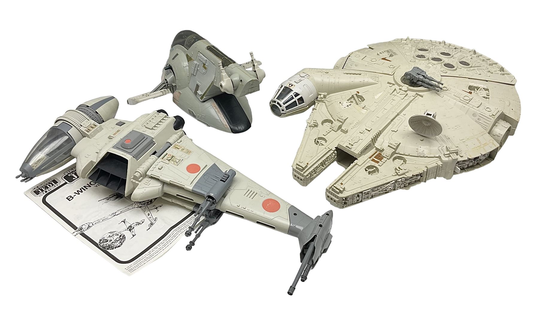 Star Wars - three space vehicles comprising B-Wing fighter and large Millenium Falcon space ship; both with instructions; and Boba Fett Slave 1; all unboxed (3)