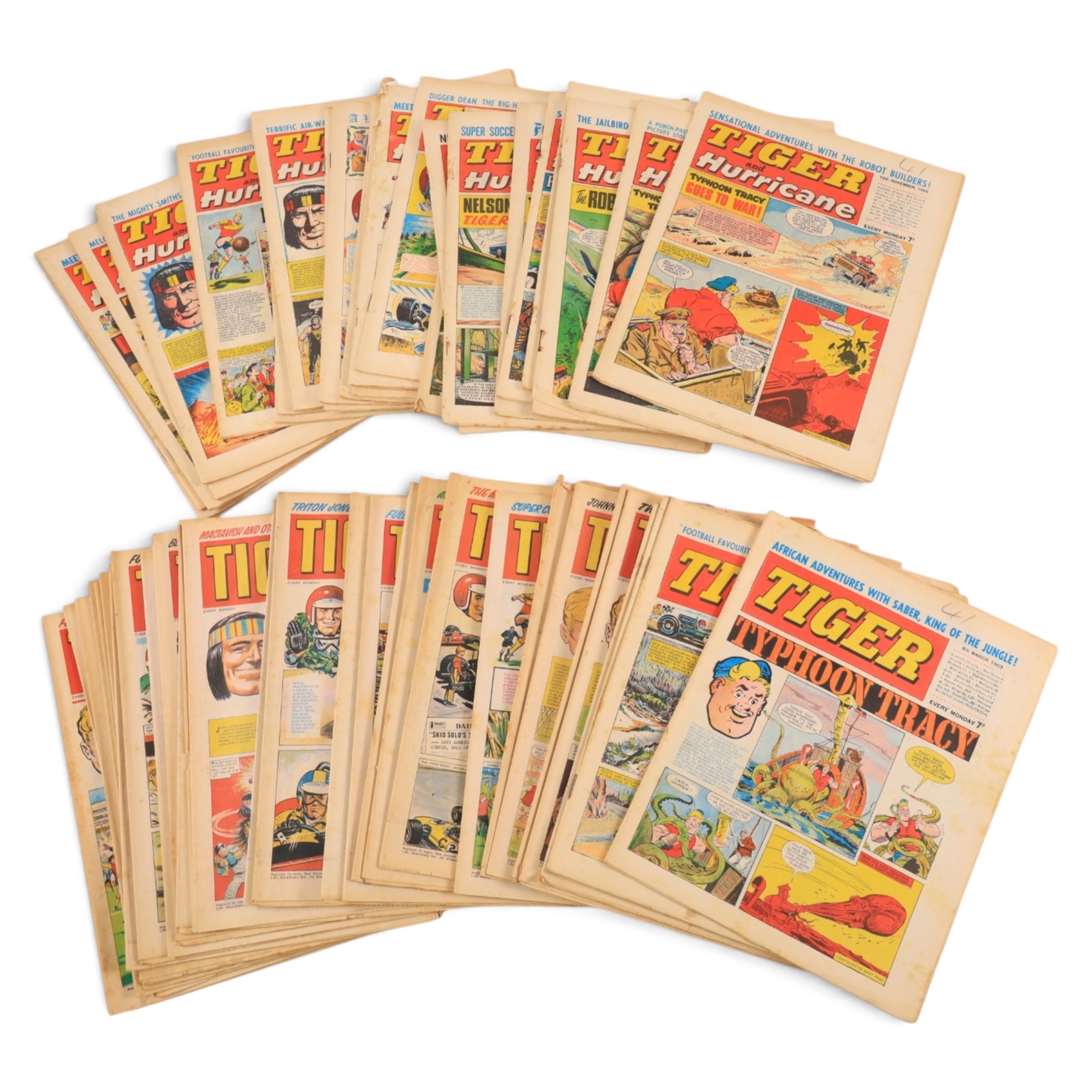 Collection of 1960s Tiger and Hurricane comics, comprising twenty-one 1965 issues, thirty-six 1966 issues, twenty 1967 issues, seventy-three 1968 issues and twenty-one 1969 issues (approximately 171)