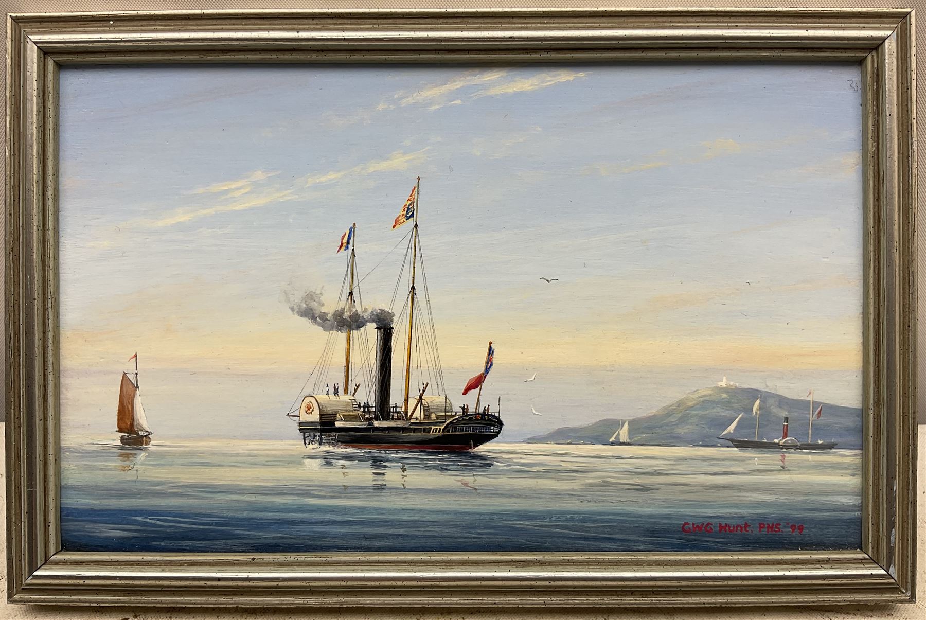 Geoff Hunt RMS (British 1948-): 'Victoria and Albert I Leaving Carrick Roads on 8th September 1845, on a Royal Visit to France', oil on board signed and dated '99, titled verso 9cm x 14.5cm
