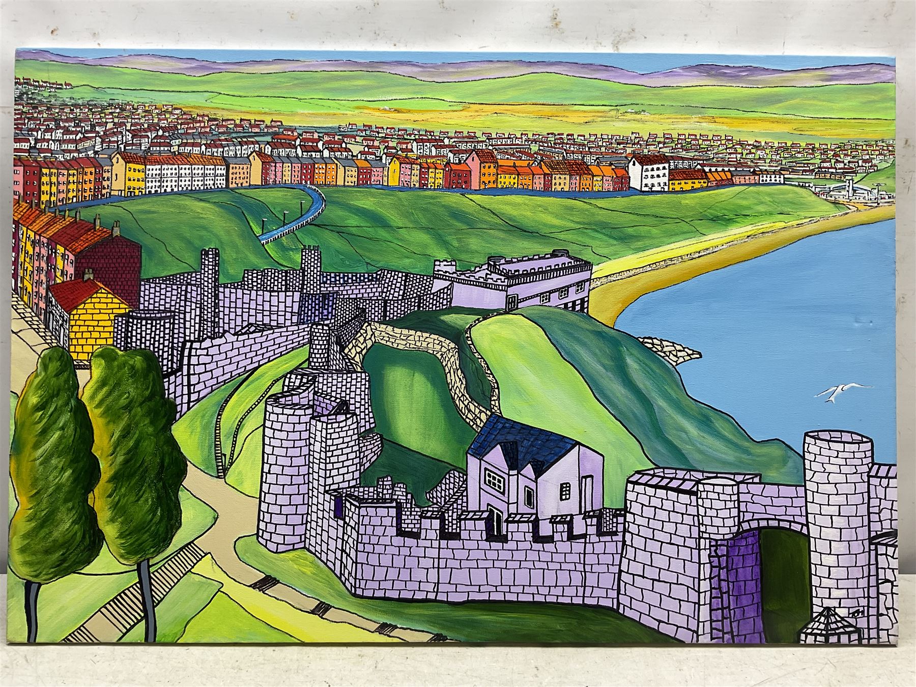 Tom Rayner (Scarborough 1948-2023): Scarborough North Bay from the Castle, acrylic on canvas signed 61cm x 91cm (unframed)