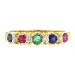 18ct gold nine stone, ruby, emerald, sapphire and diamond ring, stamped 750