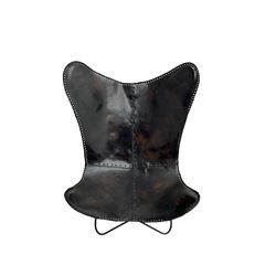Butterfly Chair, black finish metal frame with stitched slung leather cover