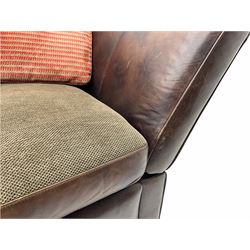 Knowle style grand drop arm sofa, upholstered in antique tan leather and fabric with contrasting scatter cushions