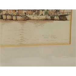 Roger Davies (British 1945-): 'Prince's Dock Hull c.1900' and Boats at Sea, three overpainted prints signed in pencil 23cm x 30cm (3)