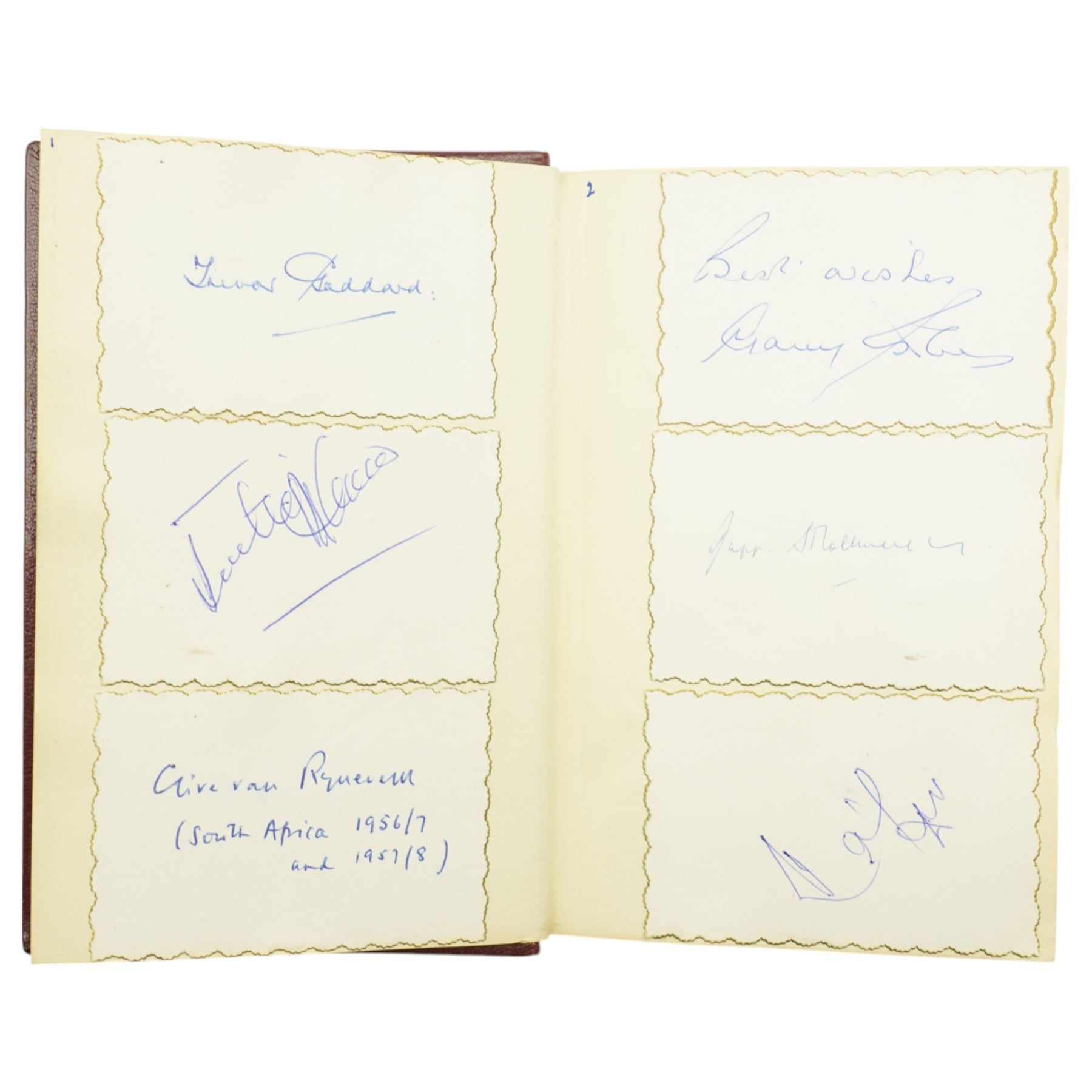 K S Ranjitsinhi - Jubilee Book of Cricket 1897, rebound in full calf and incorporating approximately 250 autographs of international cricketers, collected, compiled and presented by John E Harrison, all edges gilt together with a folder of correspondence, birthday card from Don Bradman, cuttings and autographs etc and a small album of photographs and correspondence