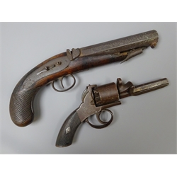  19th century Percussion Revolver, 9cm octagonal barrel stamped Askey Bedale, and proof marks, with chequer grip, L22cm and a Percussion pistol, 15cm octagonal barrel, sliding safety and chequer walnut grip, L28cm (2)  