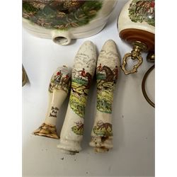 Ceramic hanging light fittings decorated with fox hunting scenes with brass fixtures, ceramic beer pulls decorated with hunting scenes and ceramic whisky barrel decorated with a pheasant