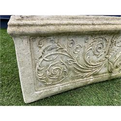 Rectangular stone effect planter, decorated in relief with s scrolls and trailing foliate (W83cm), pair octagonal planters (one planted), and a Victorian style boot scraper  - THIS LOT IS TO BE COLLECTED BY APPOINTMENT FROM DUGGLEBY STORAGE, GREAT HILL, EASTFIELD, SCARBOROUGH, YO11 3TX