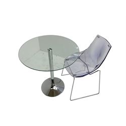 Circular glass top dining or bistro table, together with a 'Dal Segno' Perspex dining chair