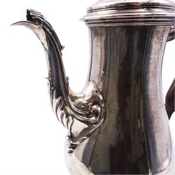 George III silver coffee pot, of baluster form with foliate detail to spout, flambeau finial to the hinged cover and wooden scroll handle, upon a stepped circular foot, hallmarked Francis Crump, London 1876, gross weight 27.85 ozt (866.3 grams)