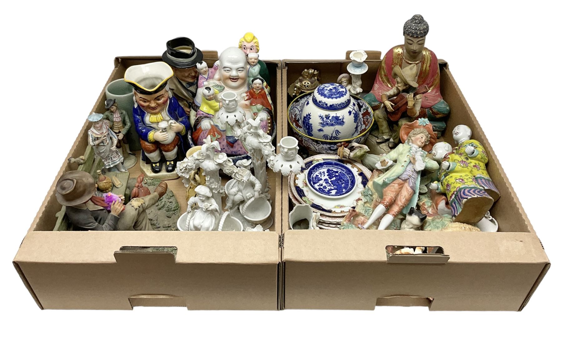 Collection of ceramics to include Royal Doulton Winston Churchill toby jug, Capodimonte style figures, novelty brandy decanter etc, in two boxes