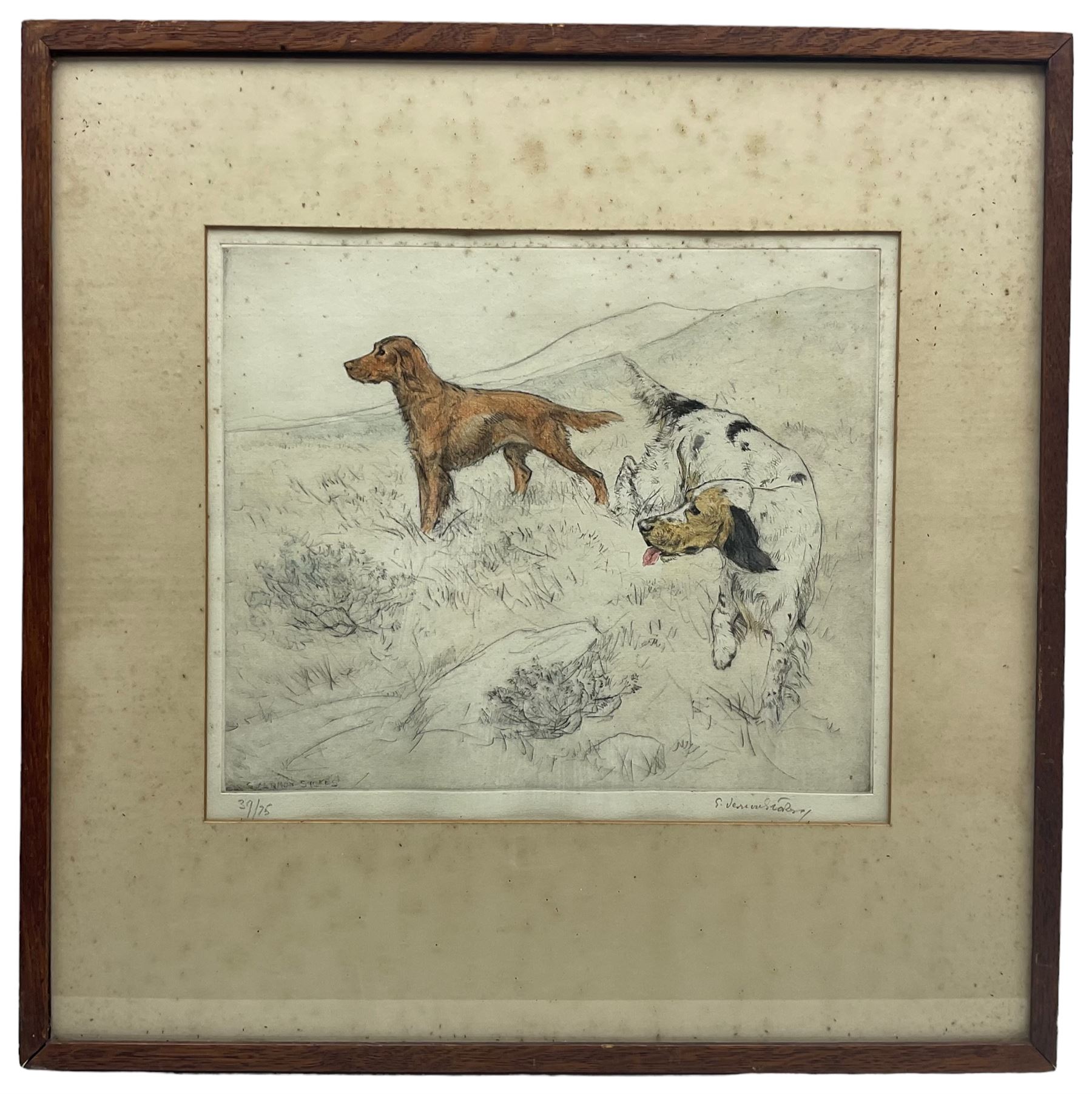 George Vernon Stokes (British 1873-1954): Two Spaniels, coloured etching signed in pencil 25cm x 30cm