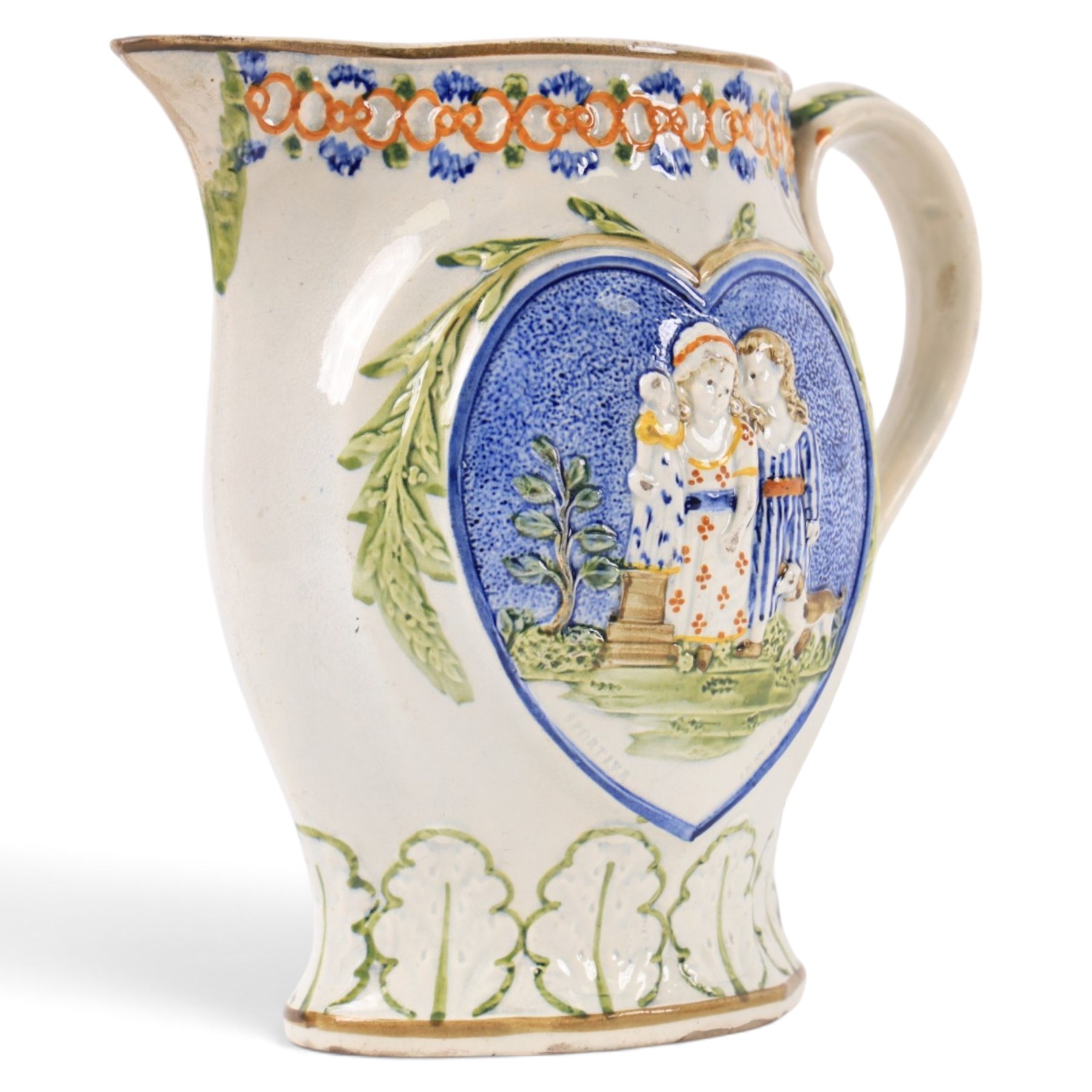 18th century South Yorkshire prattware jug, moulded in relief a band of stylised leaves,  with  'Mischievous Sport' and 'Sportive Innocence' pattern to the centre, H19cm