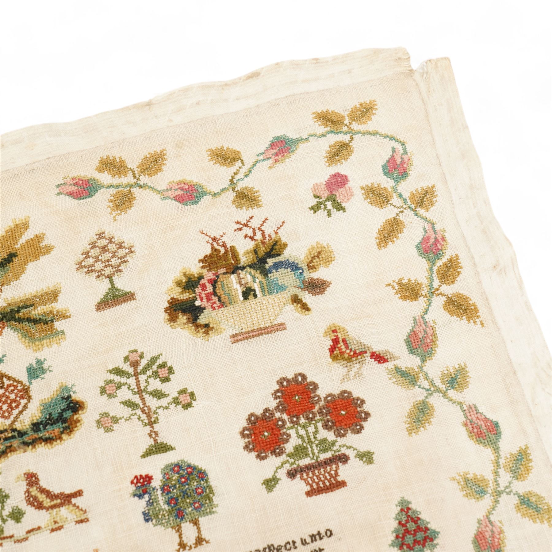 19th century needlework sampler by Elizabeth Bottomley aged 8, 1836 with large building to the centre with trees, verse, flowers 58cm x 52cm unframed