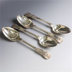 Four silver Kings pattern table spoons, comprising George IV pair, engraved with stork and...