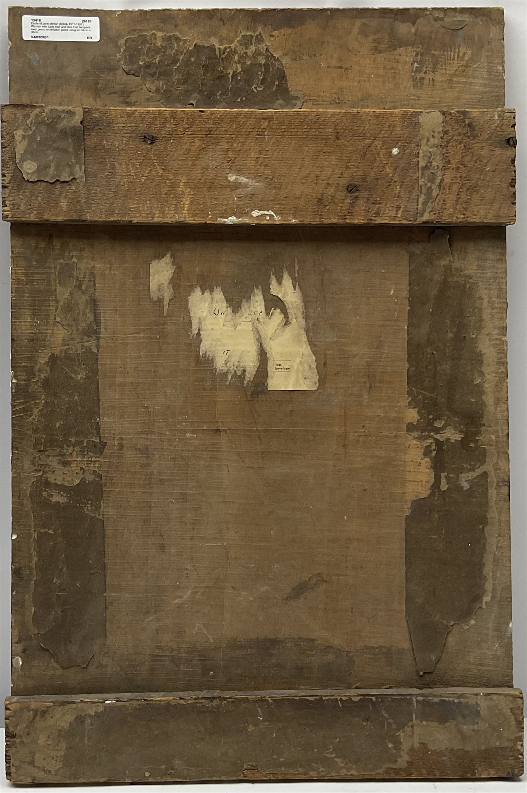 Circle of John Minton (British 1917-1957): Woman with Long Hair and Blue Hat, tempera over gesso on wooden panel unsigned 54cm x 36cm (unframed)