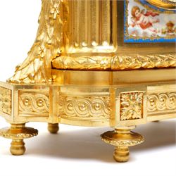 Charpentier & Cie-French 8-day mantle clock c 1860, in an ormolu case with Sevres style plaques, fluted pedestal case decorated with acanthus leaves and floral swags, surmounted by a putto and raised on toupie feet, convex enamel dial with Roman numerals, minute track and five-minute Arabic's, with makers name and Louis XVI style gilt hands, Parisian twin train movement with rack striking, sounding the hours and half-hours on a bell. With pendulum and key.
Charpentier & Cie, operated in Paris from around 1830 to 1860. They are especially well-known for their clock and garniture sets, as well as for their works of bronze. With pendulum and key.

