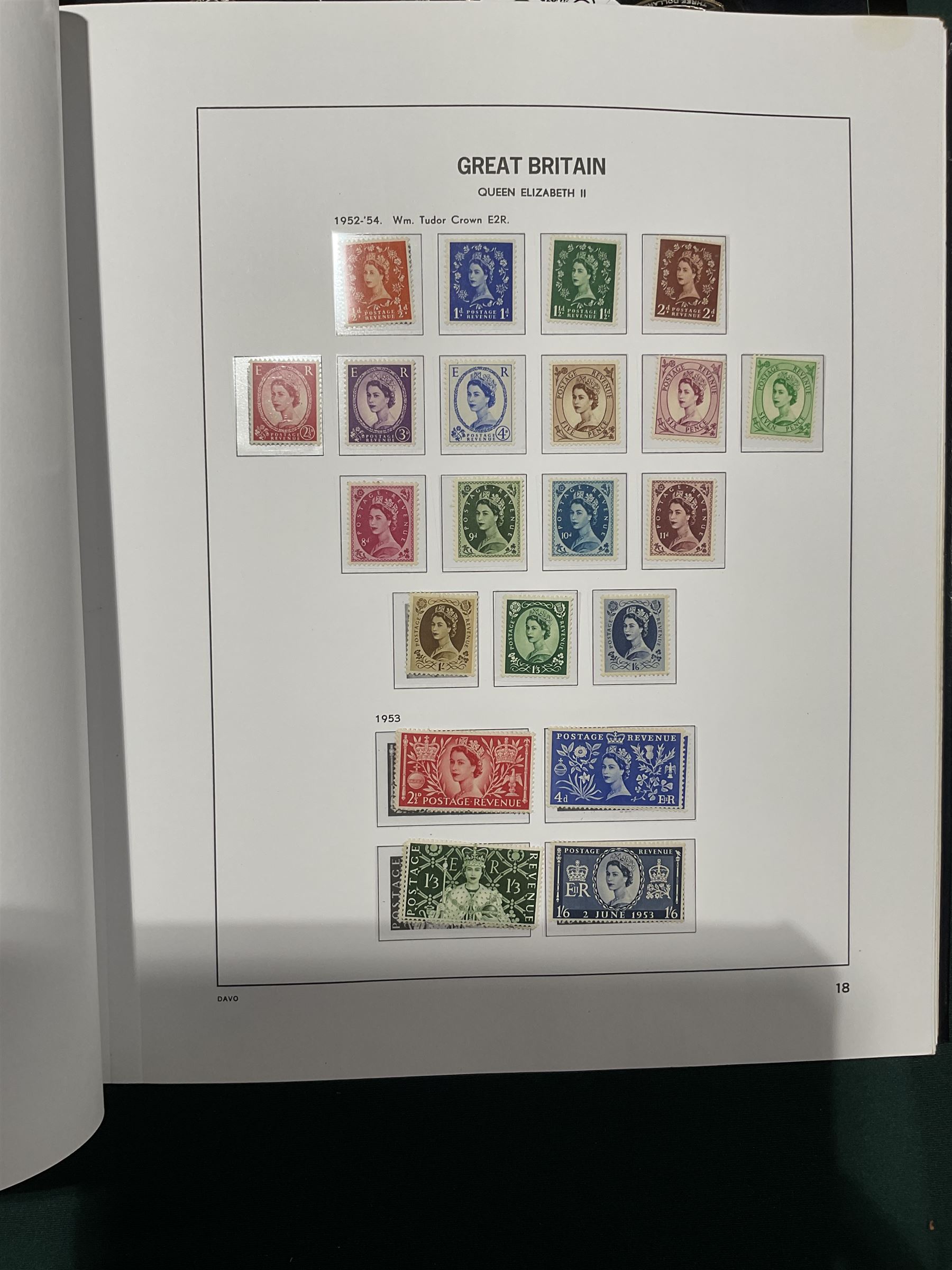 Extensive single album collection of Great British Queen Victoria and later stamps, including QV penny black with three margins, 1840 two pence blue, perf two pence blues with white lines added, QV one pound brown lilac, QV one pound green, King George V seahorses, 1929 Postal Union Congress one pound black, King George VI 1939-48 set of six with ten shillings dark blue, Queen Elizabeth II pre-decimal issues, housed in a Stanley Gibbons Great Britain 2001 album, a well presented collection with few ommissions