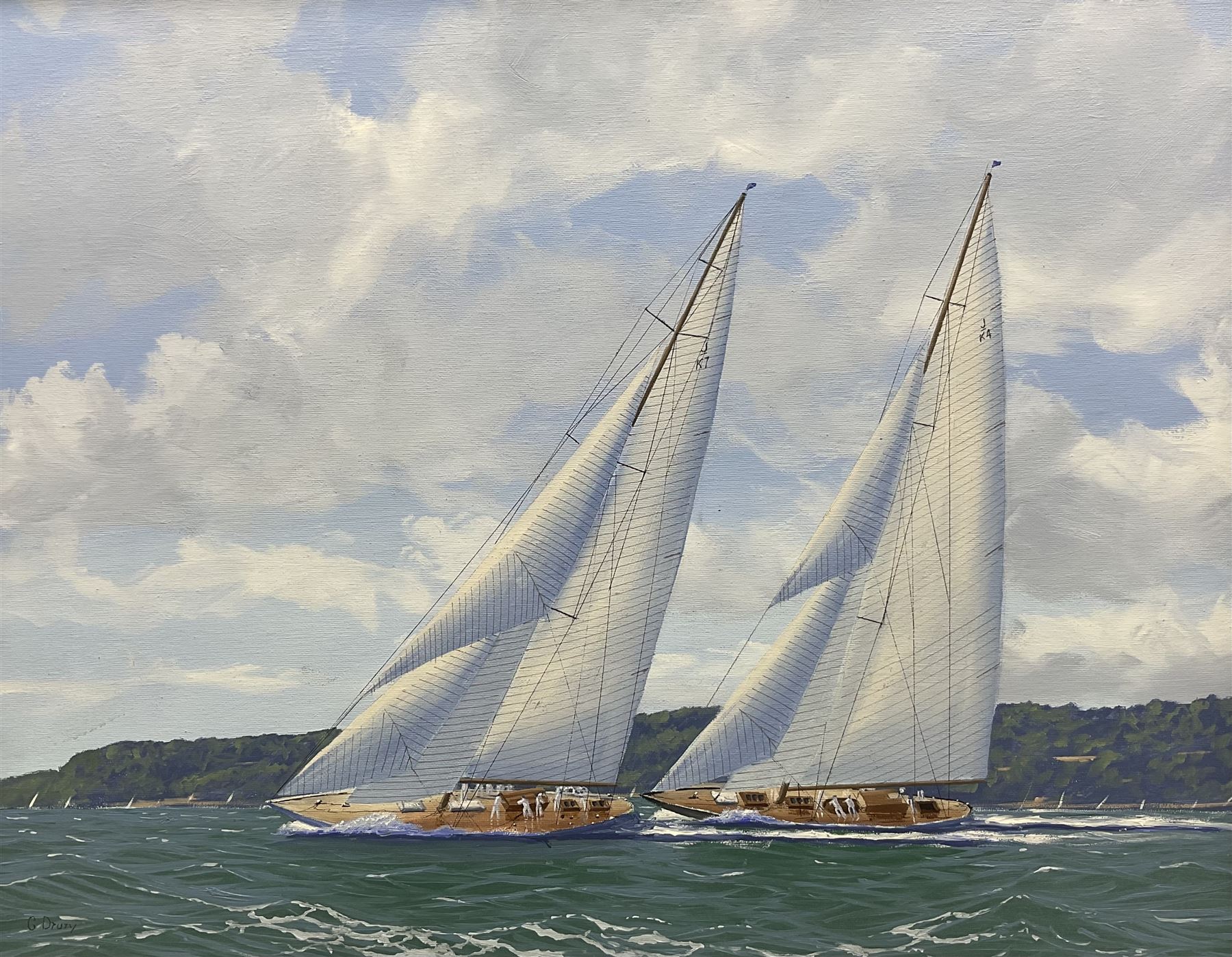 George Drury (British 1950-): 'Velsheda and Endeavour Racing On the Solent', oil on board signed, titled verso 38cm x 48cm 