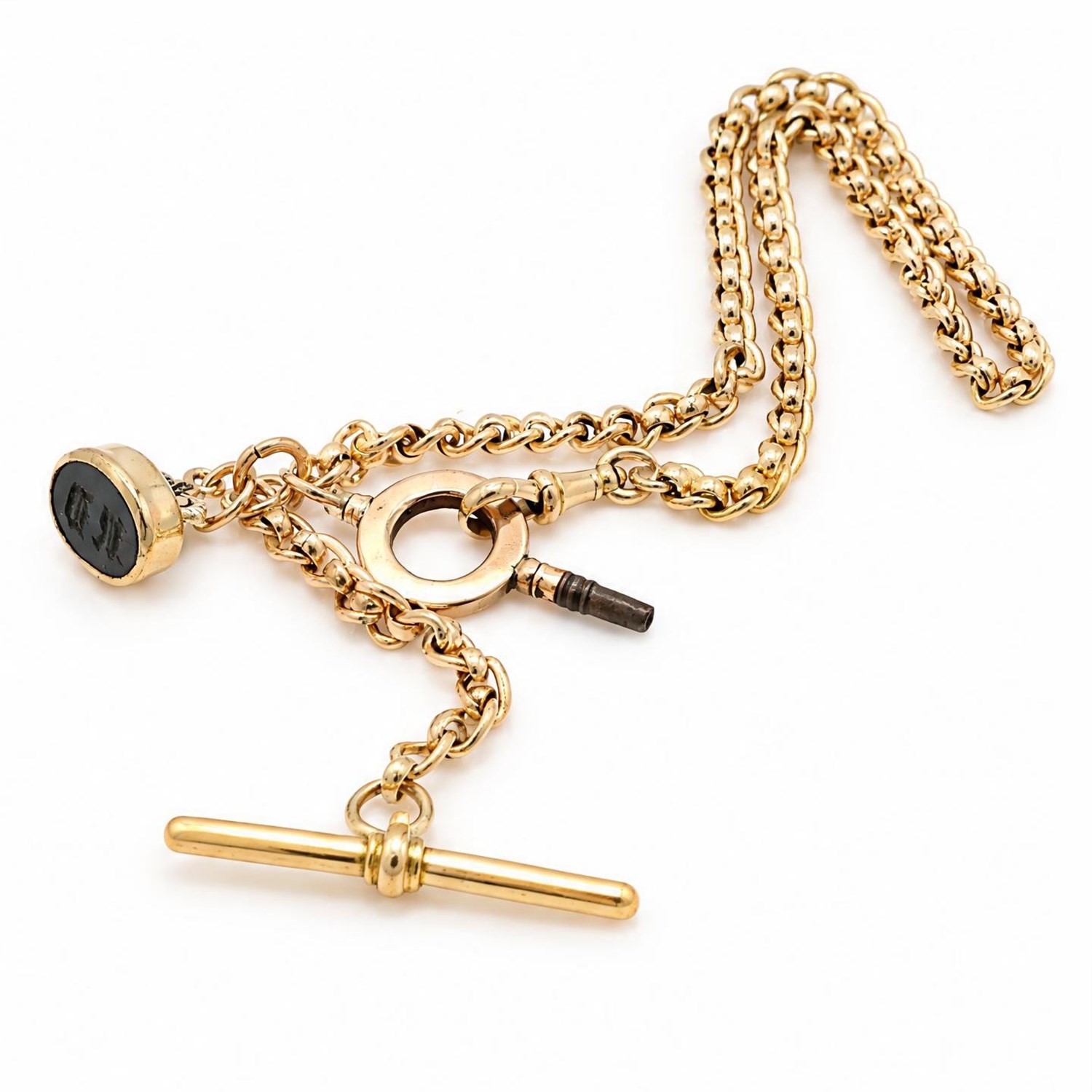Early 20th century 9ct gold roller link Albert chain, with a bloodstone intaglio engraved with the initials RD and a gold capped key