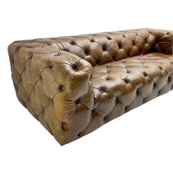 Three seat Chesterfield type club sofa, upholstered in deeply button Brazilian tan brown leather