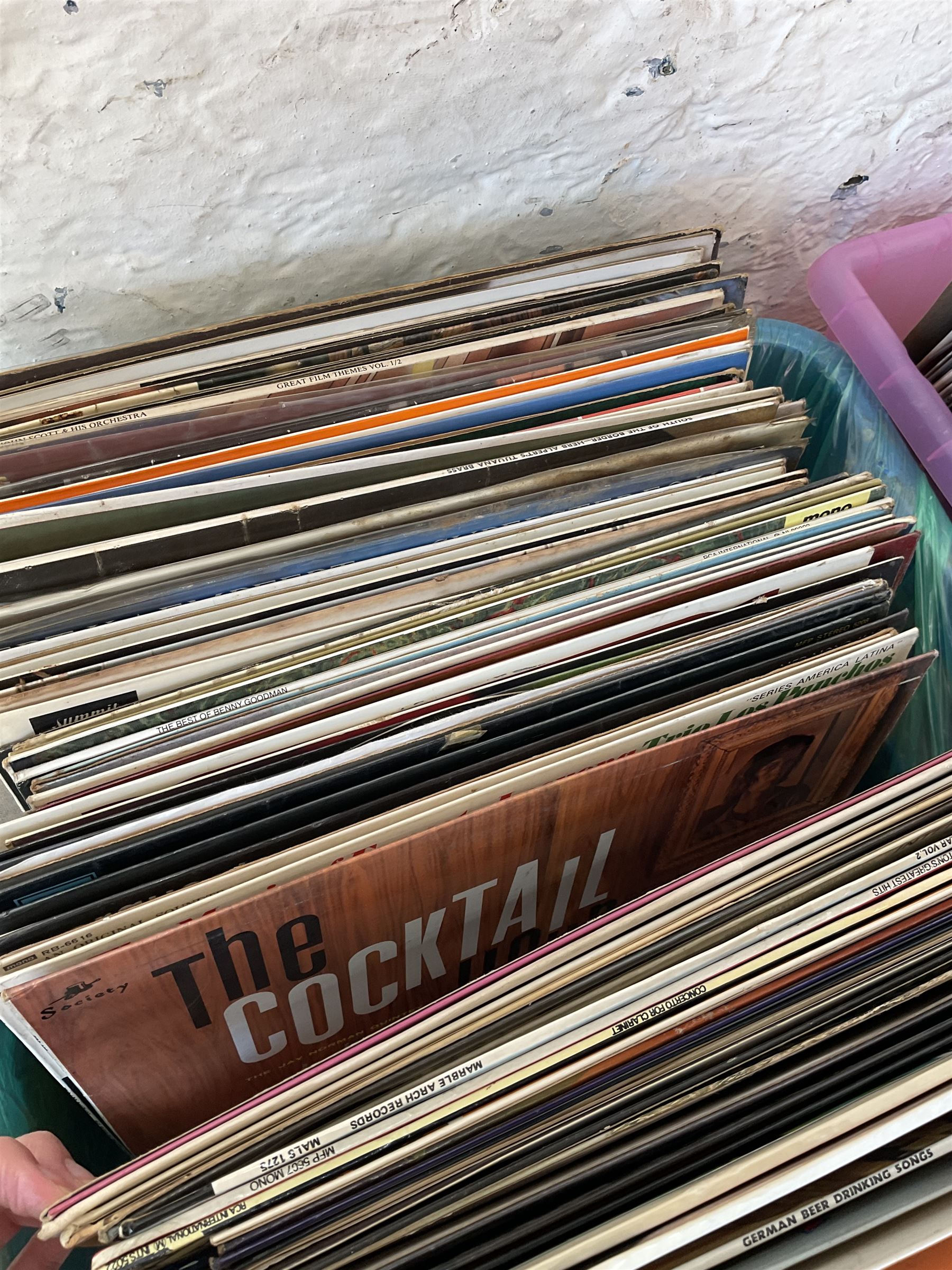 ‘The Early Breakfast’, 19th century hand coloured engraving in Hogarth type frame, vinyl LPs, reproduction silhouettes, two pairs of leather ice skates and tea set depicting a Japanese landscape