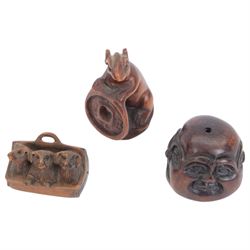 Ten carved wooden netsuke, including pig, rabbit, rats, frog etc 