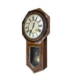 American - Late 19th century Ansonia 8-day wall clock, with a hexagonal wooden dial surround and circular spun bezel, glazed case door and visible pendulum,  two part dial with Roman numerals, minute track, spade hands and seconds dial, twin train spring driven movement striking the hours on a gong.