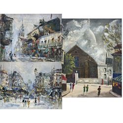 R Boy (Continental mid 20th century): Figures at a Street Corner, oil on canvas signed; French School (20th century): Impressionist Parisian Street Scene, pair oils on board signed 'R Davey' max 34cm x 26cm (3)
