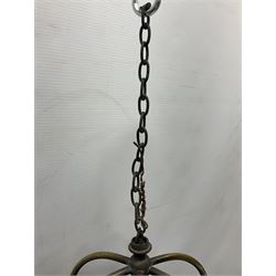 Victorian brass and stained leaded glass hall lantern, of hexagonal form, supported by four domed arms and pierced fret, H46cm W20cm