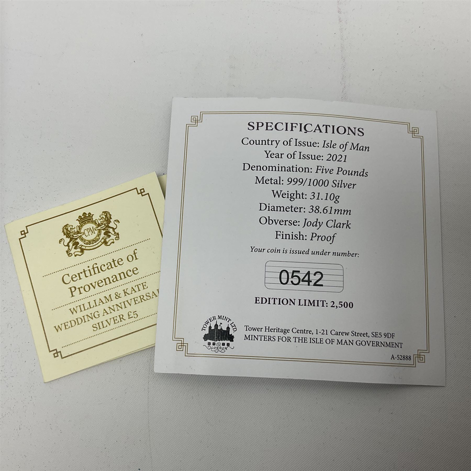 Queen Elizabeth II Channel Islands and Isle of Man silver proof five pound coins, comprising Bailiwick of Jersey 2016 'Lest we Forget', 2019 'D-Day 75th Anniversary' three coin set', Bailiwick of Guernsey 2020 'Florence Nightingale 200th Anniversary' and Isle of Man 2021 'William and Kate Wedding Anniversary', all cased with certificates