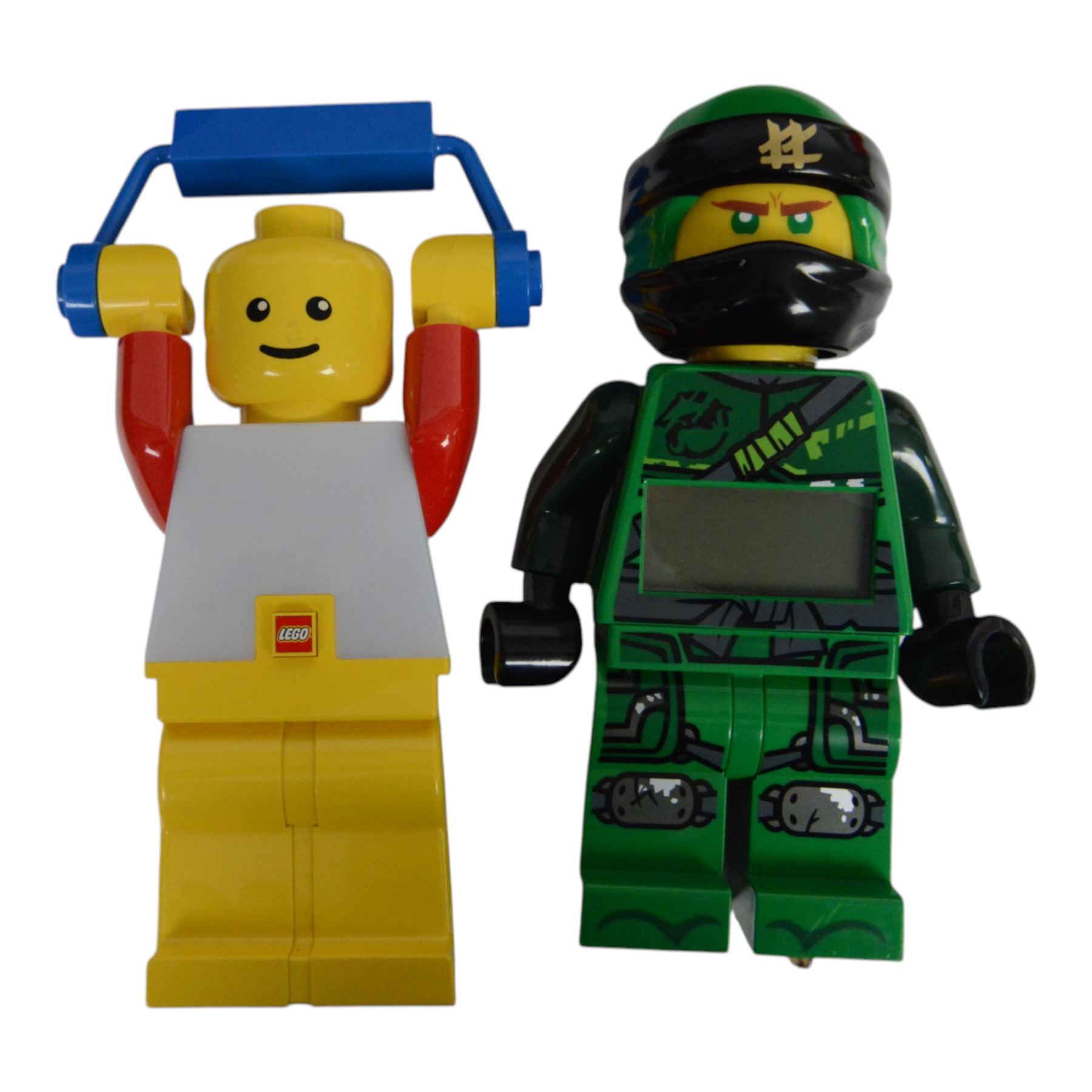 Collection of Lego minifigure alarm clocks and torches, including Batman, Superman, Storm Trooper, etc