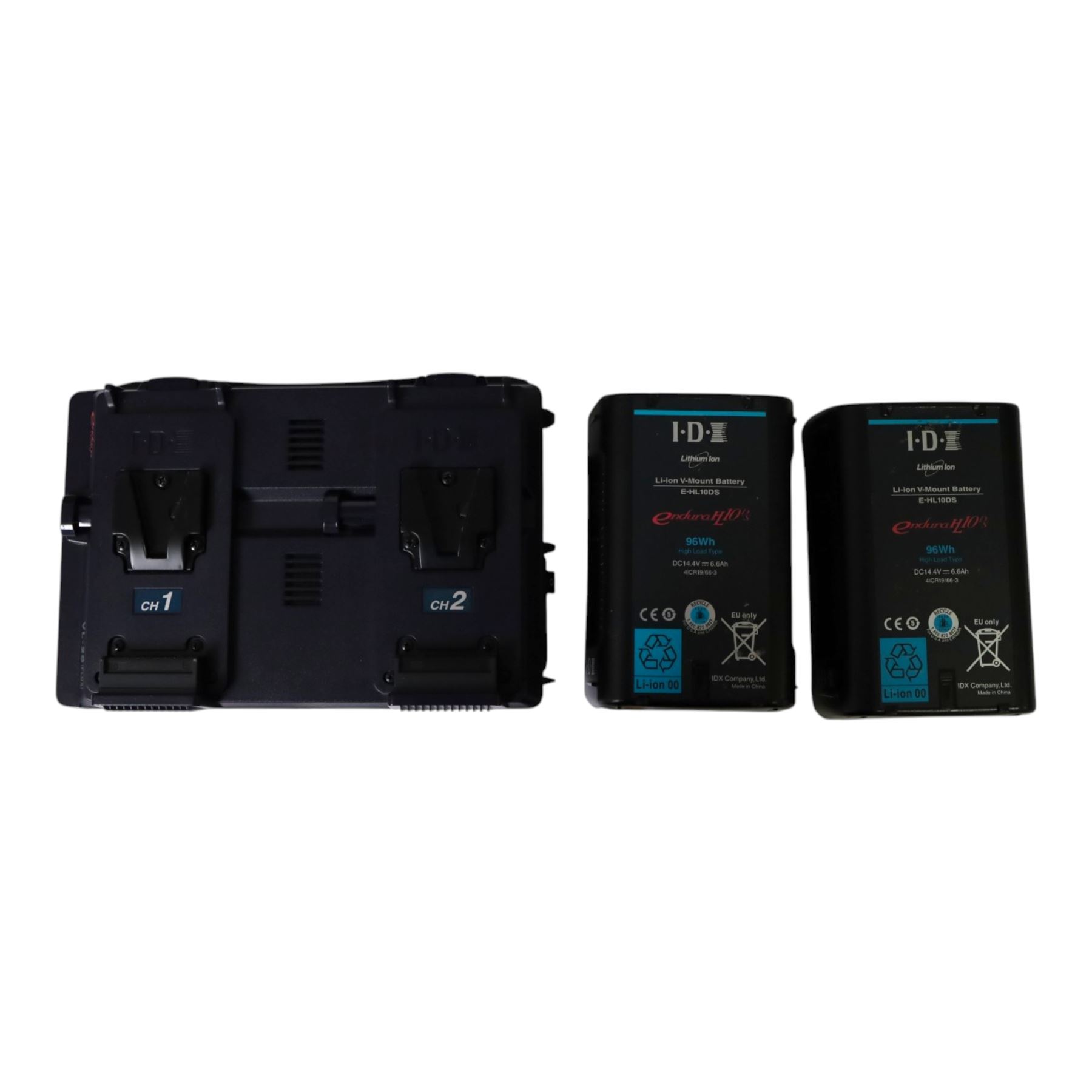 IDX Endura HL10DS 96Wh V Mount two battery set with IDX VL-2S Simultaneous V Mount charger and cable, in a custom cut Peli 1500 flight case