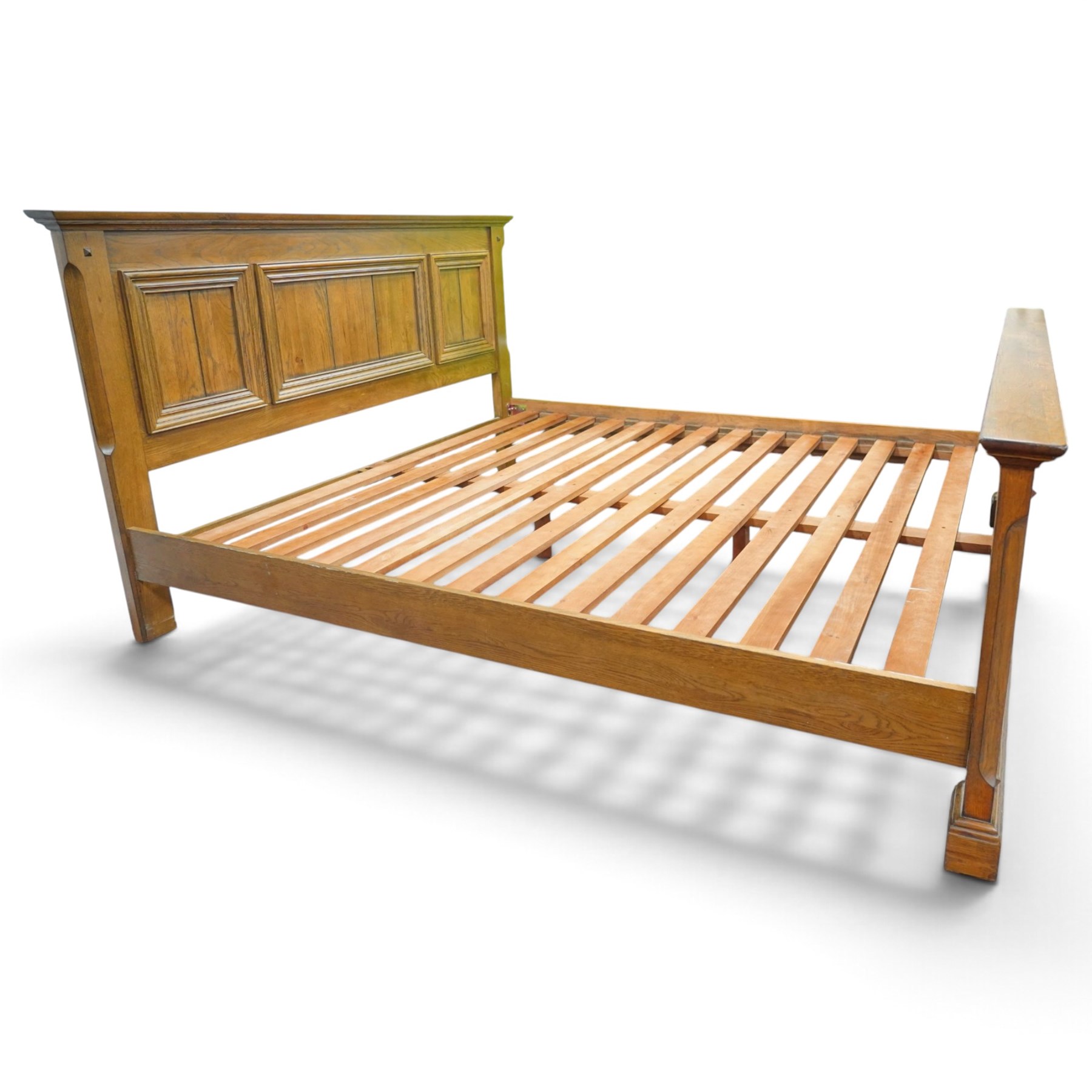 Contemporary oak superking sized bed and unused mattress, panelled headboard and footboard, with slats and superking William Night 'Rock Firm' mattress  