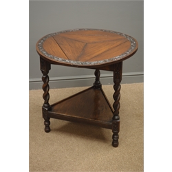  Late 19th century oak corner drop leaf table, foliate carved banding, barley twist supports joined by an undertier, (W57cm, H72cm) and a mahogany four tier cake stand, carrying handle, turned column, square tapering sabre supports, (W54cm, H90cm, D43cm)  
