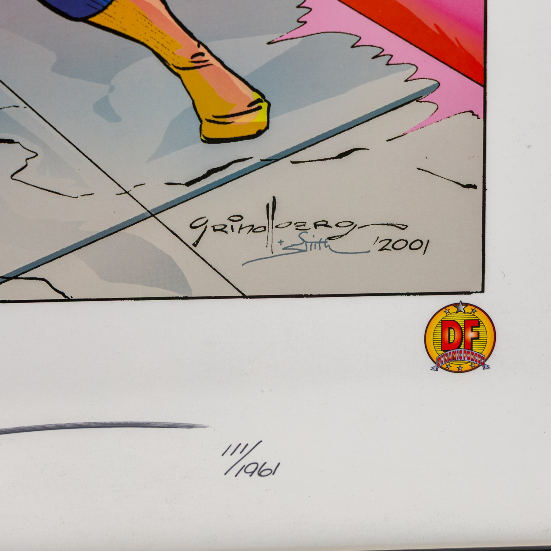 Two large limited edition Marvel lithographic prints by Dynamic Forces, comprising Marvel Origins Anniversary, limited edition no. 111/1961 and The Avengers vs. X-Men, limited edition no. 170/1963, both signed by Tom Grindberg and Tom Smith, with certificates of authenticity, largest H43cm, W86cm