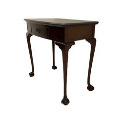 Early 20th century mahogany side table, bow front moulded top over single drawer, cabriole supports with ball and claw feet