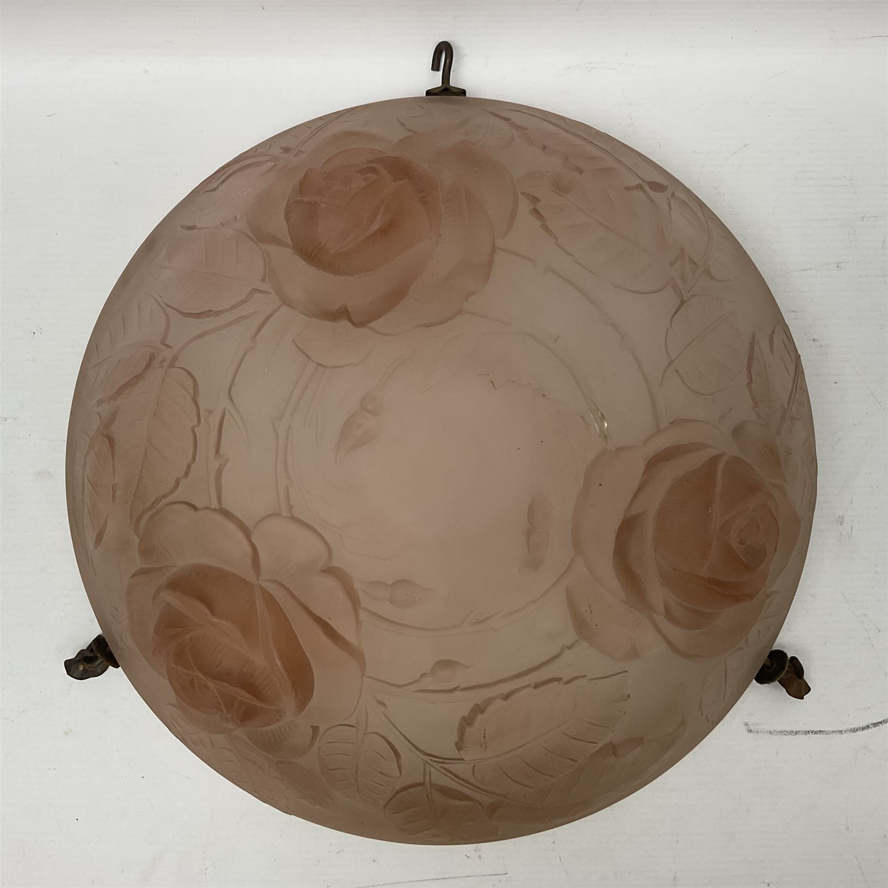 1930s pink frosted glass ceiling light shade, decorated with roses, D