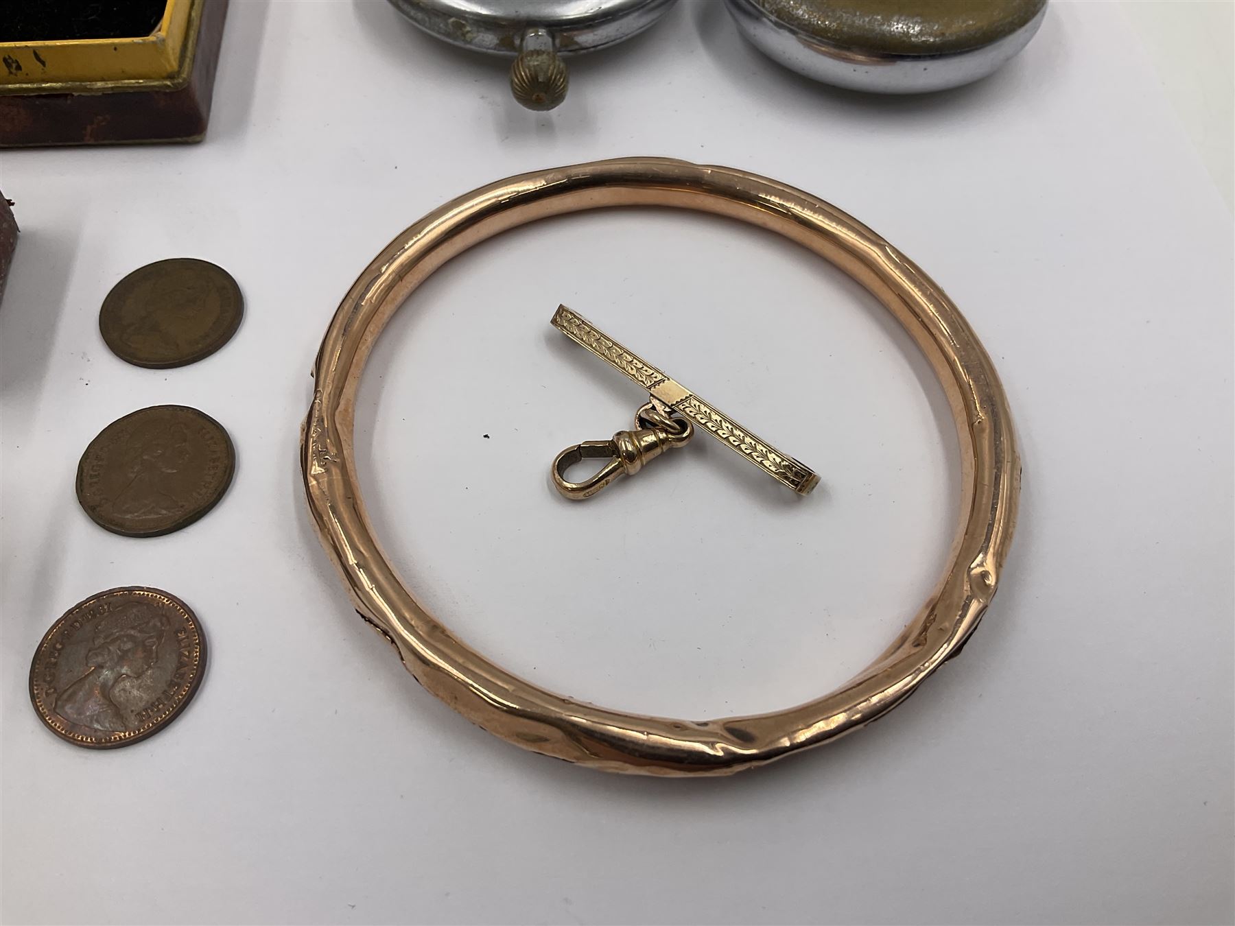 Jaeger-Le Coultre military pocket watch, the back case engraved G.S.T.P 037076, with broad arrow, together with a Pratima stop watch, 9ct gold bar brooch with clip, 9ct gold bangle with metal core, pair of gold plated spectacles and a set of Simmons sovereign scales, in original box