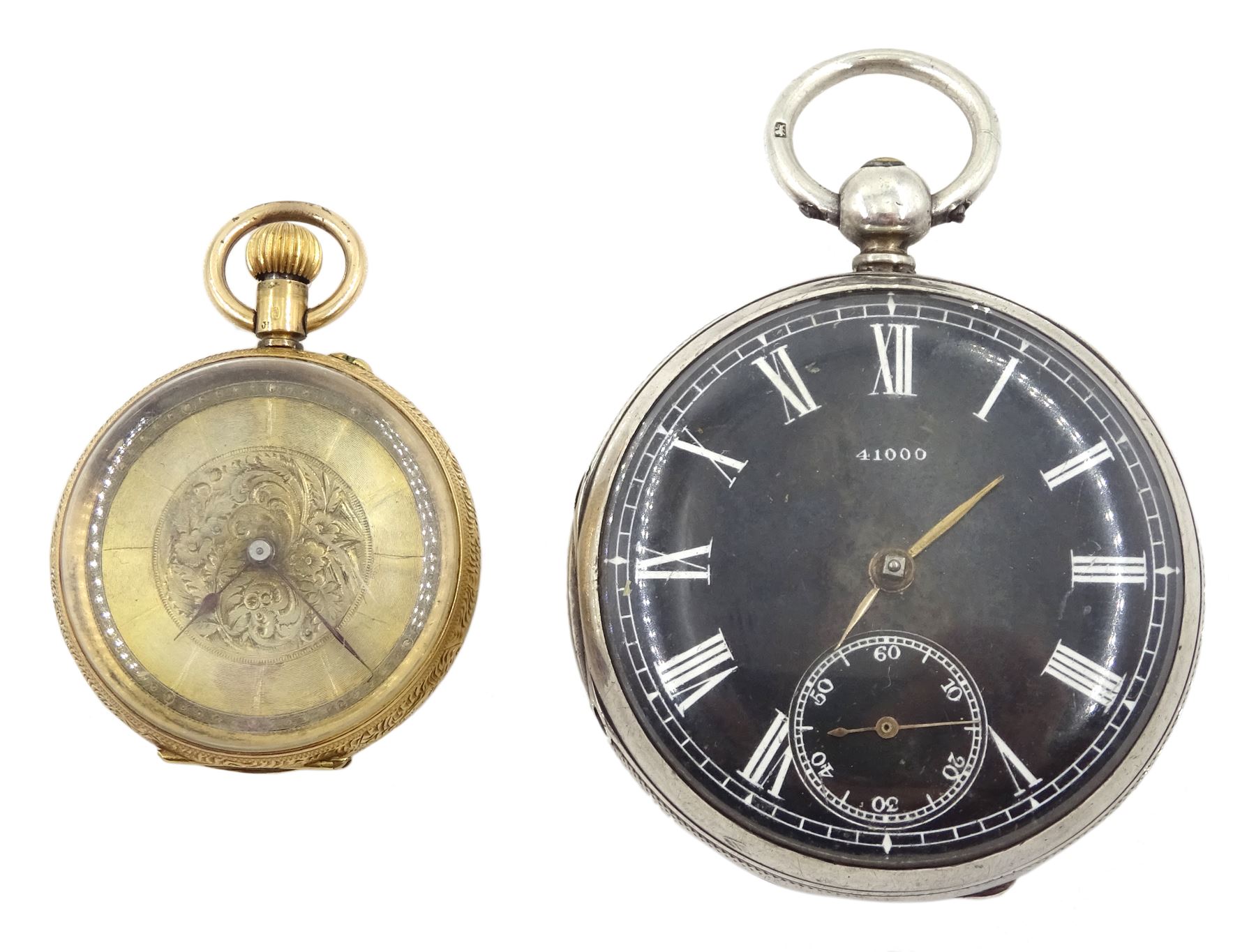 Swiss 18ct gold gold keyless cylinder fob watch, stamped 18K with Helvetia head and a silver keyless lever pocket watch, No. 16081black enamel dial numbered 41000, case makers mark JW, London 1927