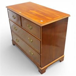 Late 20th century pair of yew wood chests of drawers, each with rectangular tops above two short over two long drawers, cockbeaded drawer fronts fitted with brass swan neck handles, raised on bracket feet